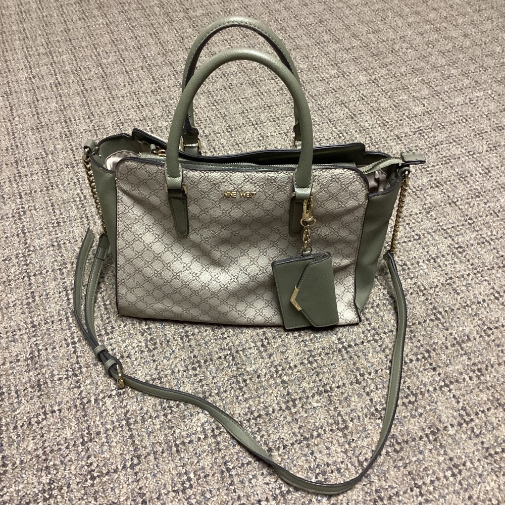 Nine West Olive Green Tan Purse with Gold Chains